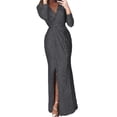 thumbnail image 1 of Quixlent Women Evening Dress Deep V Neck Sequin Decor Long Sleeves Elastic Waist Pleated Split Hem Solid Color Formal Occasions Wedding Party Prom Maxi Dress, 1 of 8