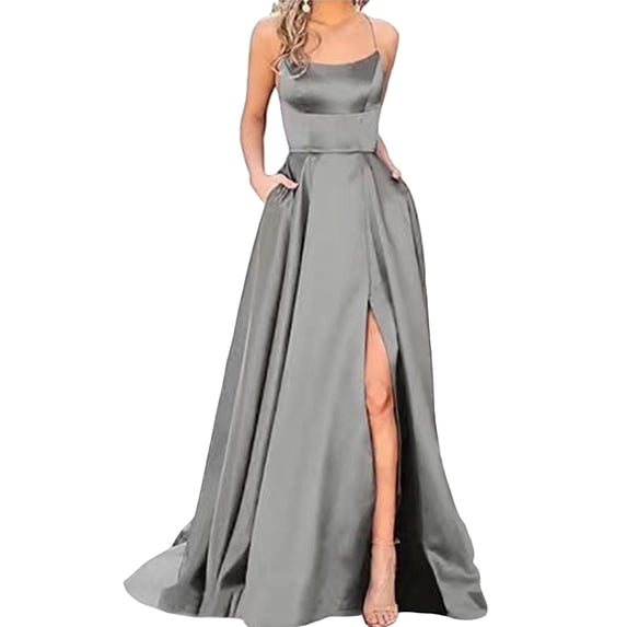 Quixlent Women Evening Dress Halter Neck Off Shoulder Satin High Split Sleeveless Backless Floor Length Cross Back Pockets Prom Wedding Party Bride Ball Gown