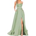 thumbnail image 1 of Quixlent Women Evening Dress Halter Neck Off Shoulder Satin High Split Sleeveless Backless Floor Length Cross Back Pockets Prom Wedding Party Bride Ball Gown, 1 of 8
