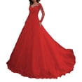 thumbnail image 1 of Quixlent Women Evening Dress Lace Floral Embroidered A-line Big Swing V Neck Long Sleeves Back Zipper Closure Prom Wedding Party Maxi Dress, 1 of 7