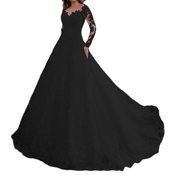 Quixlent Women Evening Dress Lace Floral Embroidered A-line Big Swing V Neck Long Sleeves Back Zipper Closure Prom Wedding Party Maxi Dress
