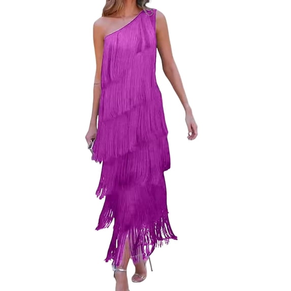 Quixlent Women Evening Dress Layered Fringed Tassel One Shoulder Sleeveless Solid Color Asymmetric Ankle Length Cocktail Party Prom Dance Maxi Dress