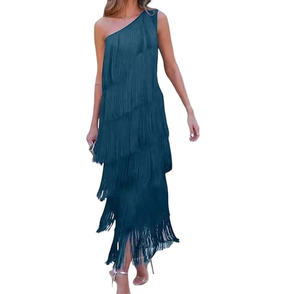 Quixlent Women Evening Dress Layered Fringed Tassel One Shoulder Sleeveless Solid Color Asymmetric Ankle Length Cocktail Party Prom Dance Maxi Dress