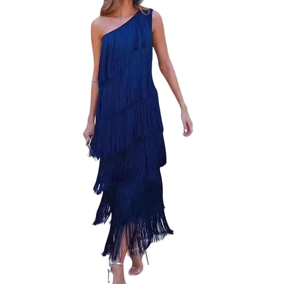 Quixlent Women Evening Dress Layered Fringed Tassel One Shoulder Sleeveless Solid Color Asymmetric Ankle Length Cocktail Party Prom Dance Maxi Dress