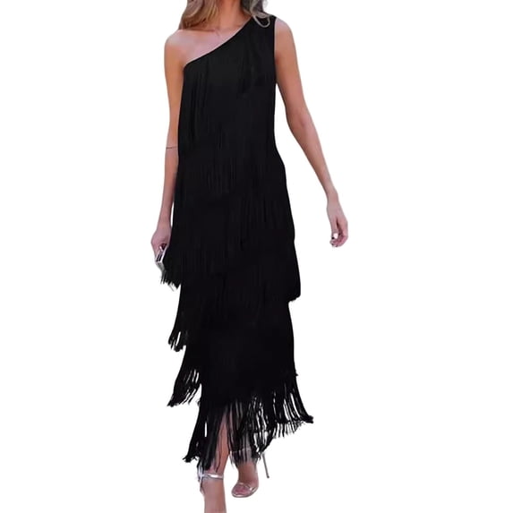 Quixlent Women Evening Dress Layered Fringed Tassel One Shoulder Sleeveless Solid Color Asymmetric Ankle Length Cocktail Party Prom Dance Maxi Dress