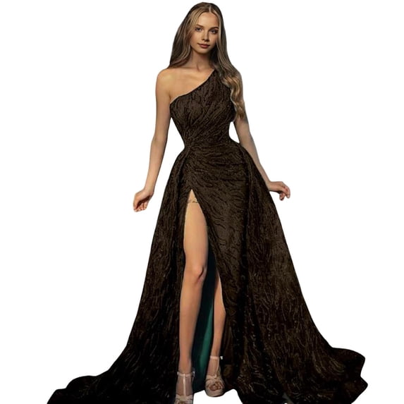 Quixlent Women Evening Dress One Shoulder Floor Length High Split Tight Waist A-line Sequin Slant Neck Sleeveless Cocktail Party Celebrity Ball Gown