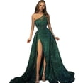 thumbnail image 1 of Quixlent Women Evening Dress One Shoulder Floor Length High Split Tight Waist A-line Sequin Slant Neck Sleeveless Cocktail Party Celebrity Ball Gown, 1 of 8