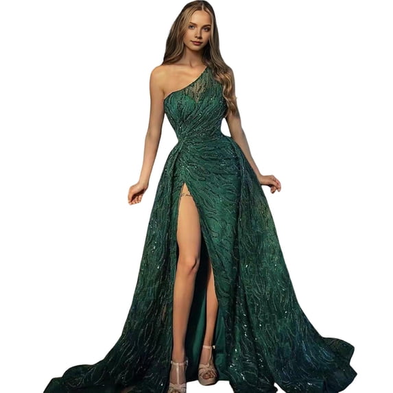 Quixlent Women Evening Dress One Shoulder Floor Length High Split Tight Waist A-line Sequin Slant Neck Sleeveless Cocktail Party Celebrity Ball Gown