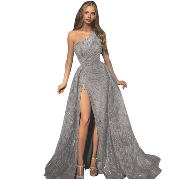 Quixlent Women Evening Dress One Shoulder Floor Length High Split Tight Waist A-line Sequin Slant Neck Sleeveless Cocktail Party Celebrity Ball Gown