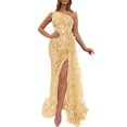 thumbnail image 1 of Quixlent Women Evening Dress One Shoulder Sleeveless Shiny Sequin Padded Feather Decor High Split Solid Color Slim Fit Tight High Waist Floor Length Prom Party Banquet Lady Gown Maxi Dress, 1 of 8