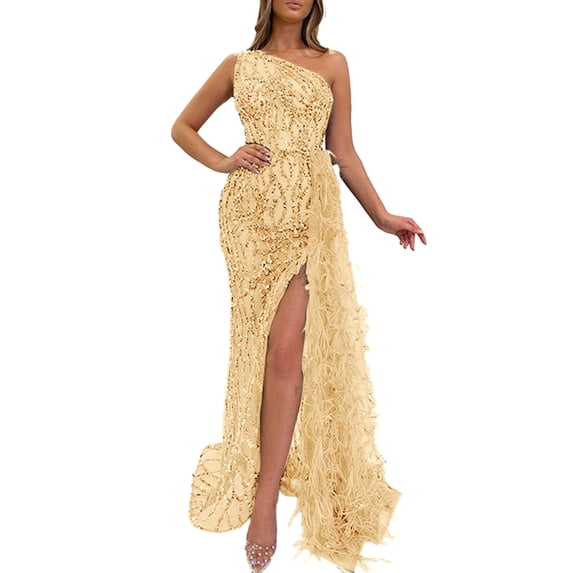 Quixlent Women Evening Dress One Shoulder Sleeveless Shiny Sequin Padded Feather Decor High Split Solid Color Slim Fit Tight High Waist Floor Length Prom Party Banquet Lady Gown Maxi Dress