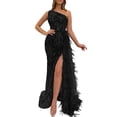thumbnail image 1 of Quixlent Women Evening Dress One Shoulder Sleeveless Shiny Sequin Padded Feather Decor High Split Solid Color Slim Fit Tight High Waist Floor Length Prom Party Banquet Lady Gown Maxi Dress, 1 of 8