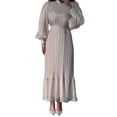 thumbnail image 1 of Quixlent Women Evening Dress Pleated A-line Long Lantern Sleeves Pleated See-through Mesh Stand Collar Tight Waist Ruffle Patchwork Maxi Dress, 1 of 8