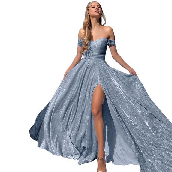 Quixlent Women Evening Dress Off Shoulder Bandeau Backless Sleeveless Backless Shiny Sequin Split Hem A-line Big Swing Prom Party Maxi Dress Ball Gown