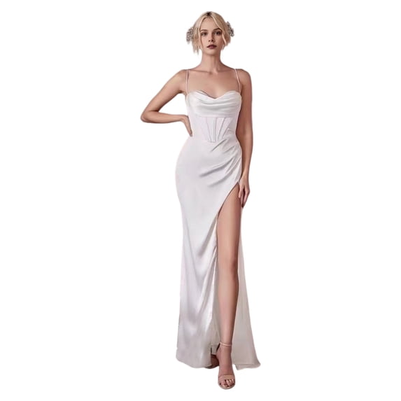 Quixlent Women Evening Dress Spaghetti Strap Low-cut Off Shoulder Backless Sleeveless Slit Hem Pleated Maxi Dress Satin Wedding Banquet Ball Gown