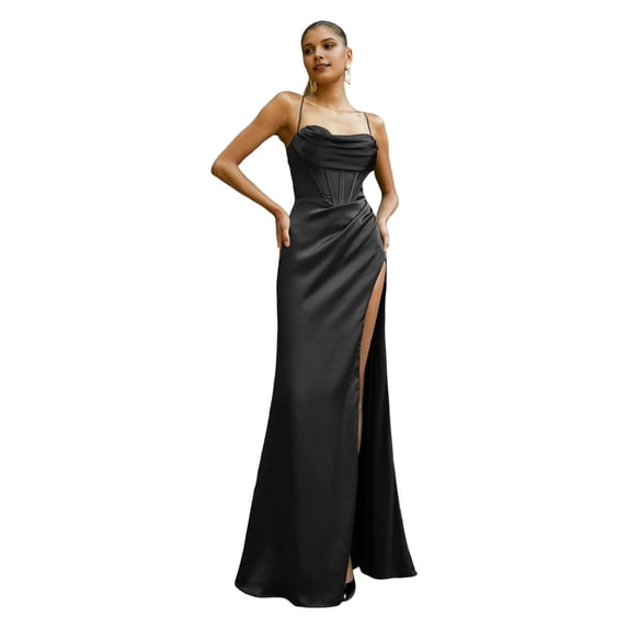 Quixlent Women Evening Dress Spaghetti Strap Low-cut Off Shoulder Backless Sleeveless Slit Hem Pleated Maxi Dress Satin Wedding Banquet Ball Gown