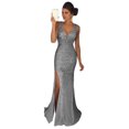 thumbnail image 1 of Quixlent Women Evening Dress V Neck Mesh Patchwork Sequin Sleeveless Split Hem Mermaid Shape Slim Fit Prom Party Banquet Bride Maxi Dress, 1 of 8