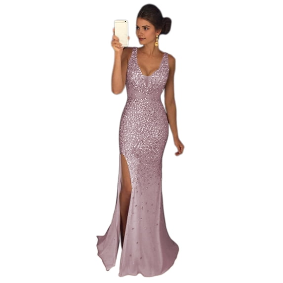 Quixlent Women Evening Dress V Neck Mesh Patchwork Sequin Sleeveless Split Hem Mermaid Shape Slim Fit Prom Party Banquet Bride Maxi Dress