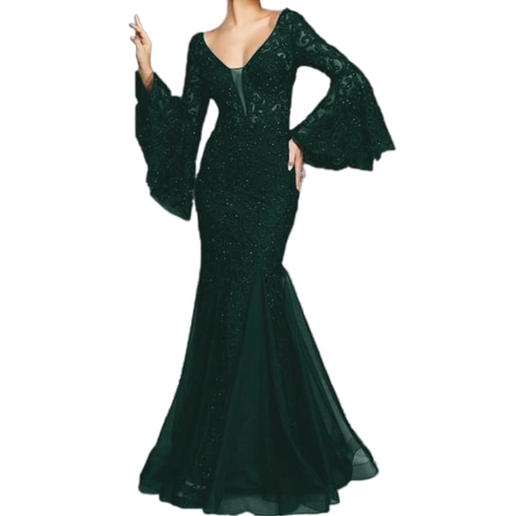Quixlent Women Evening Dress V Neck See-through Lace Embroidery Flared Sleeves Ball Gown A-line Fishtail Hem Slim Fit Cocktail Party Prom Banquet Maxi Dress