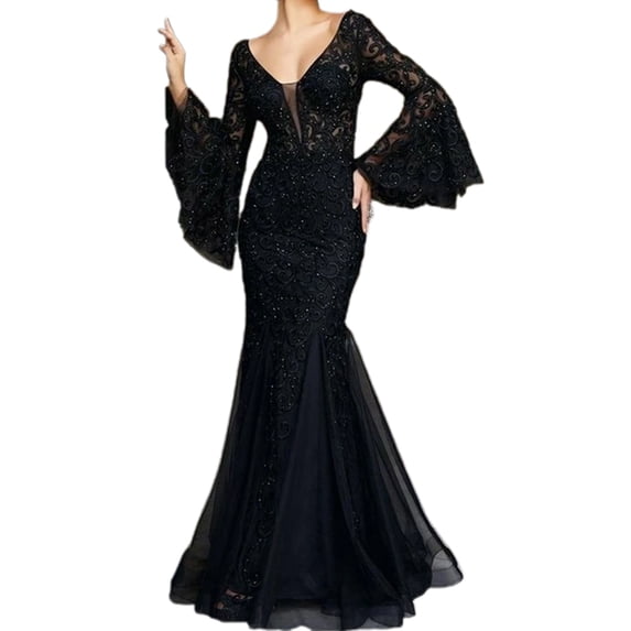 Quixlent Women Evening Dress V Neck See-through Lace Embroidery Flared Sleeves Ball Gown A-line Fishtail Hem Slim Fit Cocktail Party Prom Banquet Maxi Dress