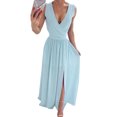 thumbnail image 1 of Quixlent Women Evening Dress V Neck Sleeveless Pleated Split Hem Slim Waist Floor Length Solid Color Wedding Cocktail Party Prom Maxi Dress, 1 of 8
