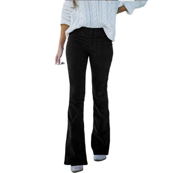Quixlent Women Flared Pants Elastic High Waist Solid Color Casual Trousers with Pockets Autumn Winter Long Pants