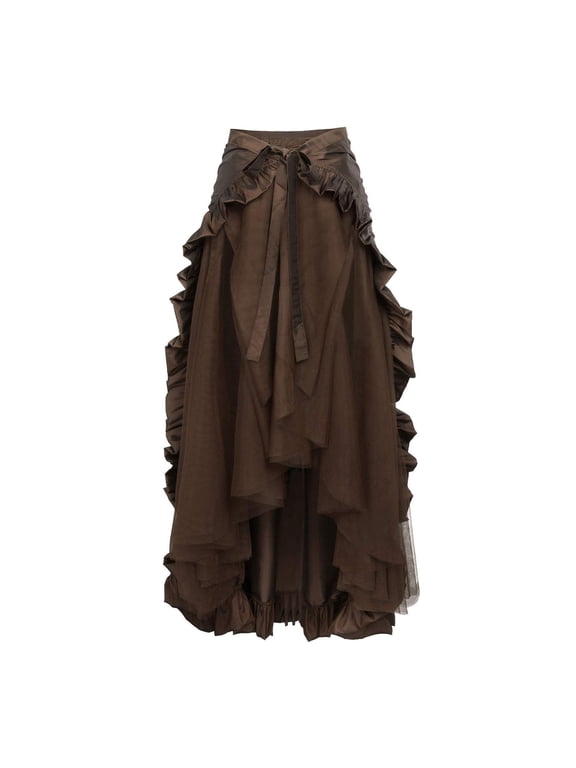 Women Halloween Skirt Cosplay Irregular Ruffle Hem Lace-up High Waist Mesh Patchwork Steampunk Victorian Performance Role Play Photography Dancing Maxi Skirt