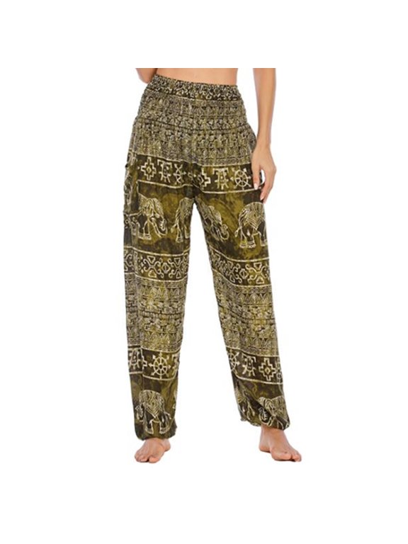 Women Harem Yoga Pants with Pockets Wide Elastic Waist Thai Elephant Print Wide-Leg Trousers Vacation Work Bloomers