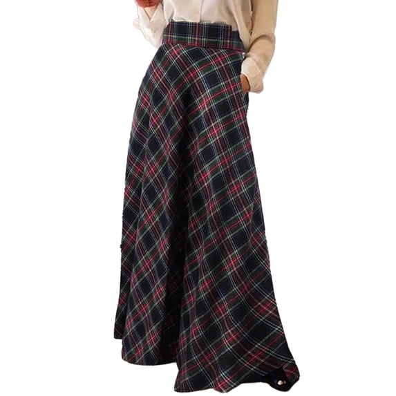 Quixlent Women High Waist Maxi Skirt A-Line Plaid Print Oversized Women Spring Skirt Floor Length Large Hem Skirt