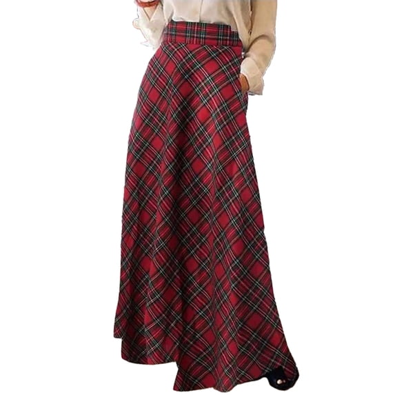 Quixlent Women High Waist Maxi Skirt A-Line Plaid Print Oversized Women Spring Skirt Floor Length Large Hem Skirt