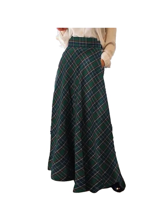 Women High Waist Maxi Skirt A-Line Plaid Print Oversized Women Spring Skirt Floor Length Large Hem Skirt