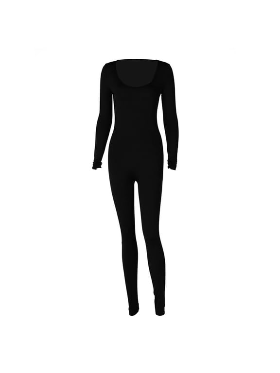 Women Jumpsuit Seamless Round Neck Butt-lifted Skinny Solid Color Compression Solid Color Long Sleeves Elastic Long Yoga Jumpsuit Bottoming Clothes
