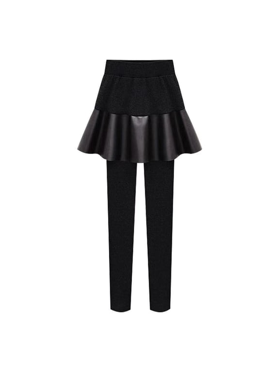 Women Leggings Skirt Elastic High Waist Thickened Plush Lining Tight Fit Faux Leather Culottes Fake Two Pieces Warm Versatile Culottes