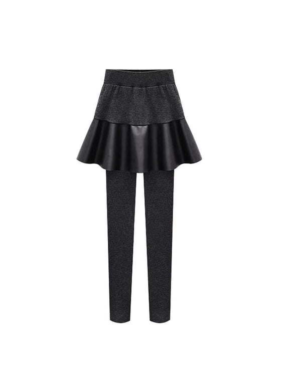 Women Leggings Skirt Elastic High Waist Thickened Plush Lining Tight Fit Faux Leather Culottes Fake Two Pieces Warm Versatile Culottes