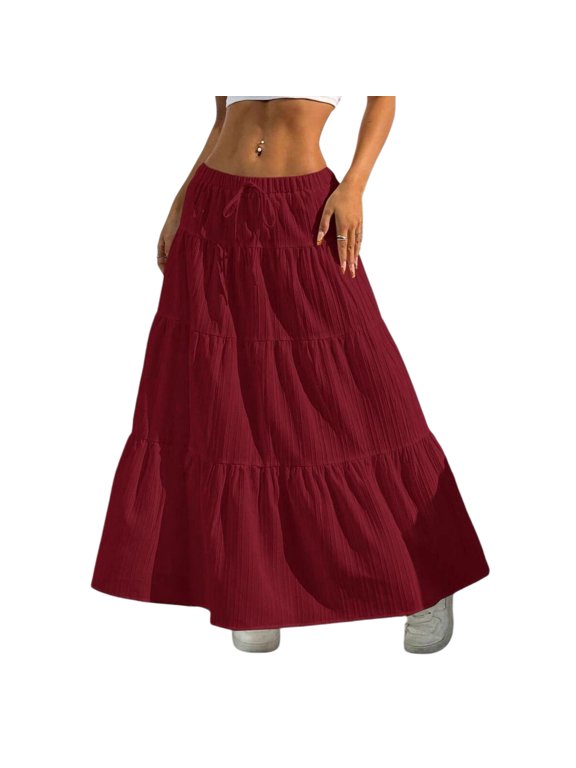 Women Long Skirt Spring Summer Middle Waist A Line Flowy Swing Skirt Breathable Solid Color Elastic Waist Drawstring Pleated Casual Skirt