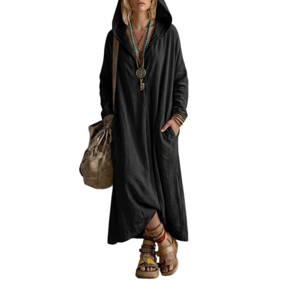 Quixlent Women Long Sleeve Hooded Dress, Casual Loose Boho Maxi Dress for Early Fall, Solid Color V-Neck Long Dress with Pockets