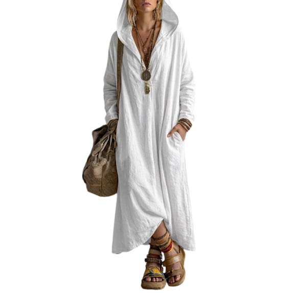 Quixlent Women Long Sleeve Hooded Dress, Casual Loose Boho Maxi Dress for Early Fall, Solid Color V-Neck Long Dress with Pockets