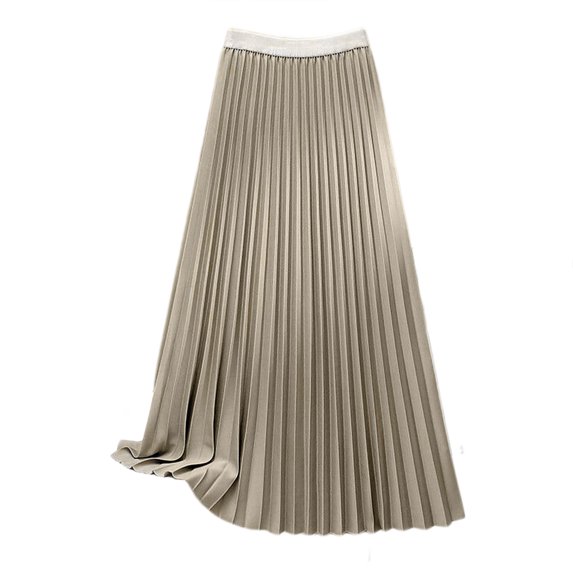 Quixlent Women Maxi Skirt Elastic High Waist Pleated Skirt Solid Color Smooth Satin A-Line Skirt Work Leisure Wear
