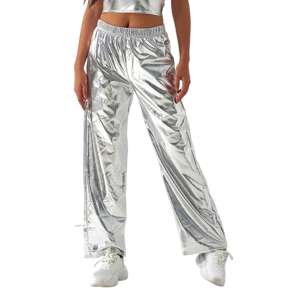 Quixlent Women Metallic Pants Elastic High Waist Casual Holographic Color Trousers Wide Leg Pockets Hip Hop Long Pants