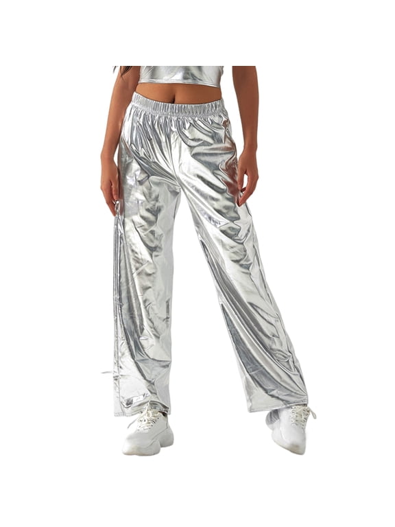Women Metallic Pants Elastic High Waist Casual Holographic Color Trousers Wide Leg Pockets Hip Hop Long Pants