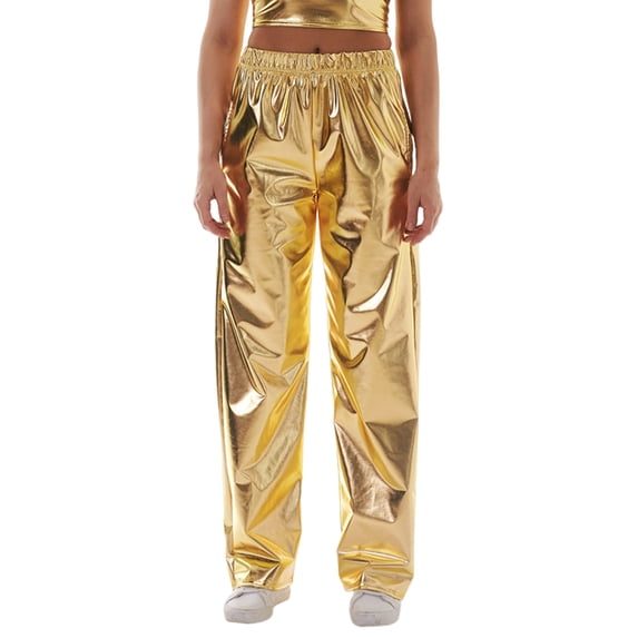 Quixlent Women Metallic Pants Elastic High Waist Casual Holographic Color Trousers Wide Leg Pockets Hip Hop Long Pants