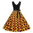 thumbnail image 1 of Quixlent Women Midi Dress Flower Edge V Neck Lace Up Tight High Waist Bow Decor Sleeveless A-line Loose Hem Dot Print Retro 50s 60s Lady Backless Prom Party Dress, 1 of 8