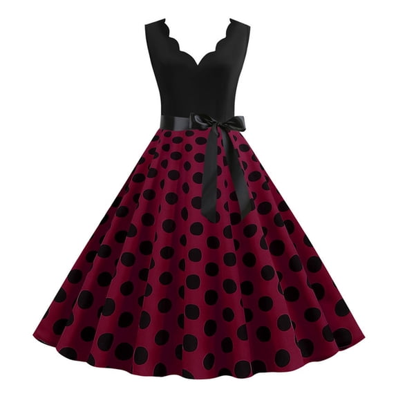 Quixlent Women Midi Dress Flower Edge V Neck Lace Up Tight High Waist Bow Decor Sleeveless A-line Loose Hem Dot Print Retro 50s 60s Lady Backless Prom Party Dress