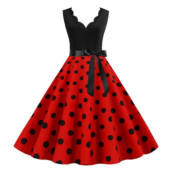 Quixlent Women Midi Dress Flower Edge V Neck Lace Up Tight High Waist Bow Decor Sleeveless A-line Loose Hem Dot Print Retro 50s 60s Lady Backless Prom Party Dress