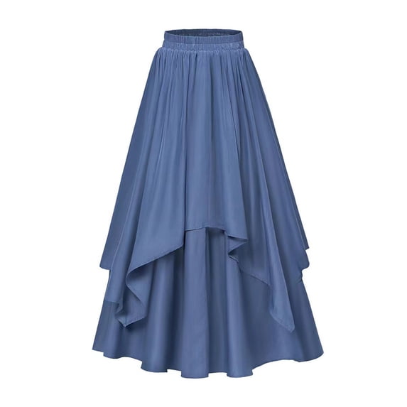 Quixlent Women Midi Skirt Elastic High Waist Double Layer Irregular Hem Halloween Skirt Pure Color A-Line Slimming Design Leisure Skirt