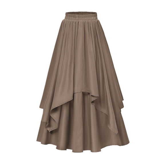 Quixlent Women Midi Skirt Elastic High Waist Double Layer Irregular Hem Halloween Skirt Pure Color A-Line Slimming Design Leisure Skirt