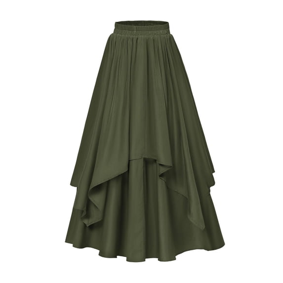 Quixlent Women Midi Skirt Elastic High Waist Double Layer Irregular Hem Halloween Skirt Pure Color A-Line Slimming Design Leisure Skirt