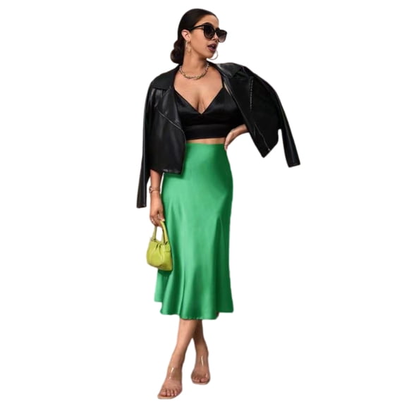 Quixlent Women Midi Skirt High Waist Smooth Satin Fishtail Hem Slimming Skirt Travel Party Work Leisure Daily Wear