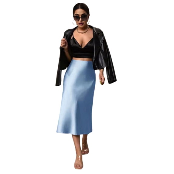 Quixlent Women Midi Skirt High Waist Smooth Satin Fishtail Hem Slimming Skirt Travel Party Work Leisure Daily Wear