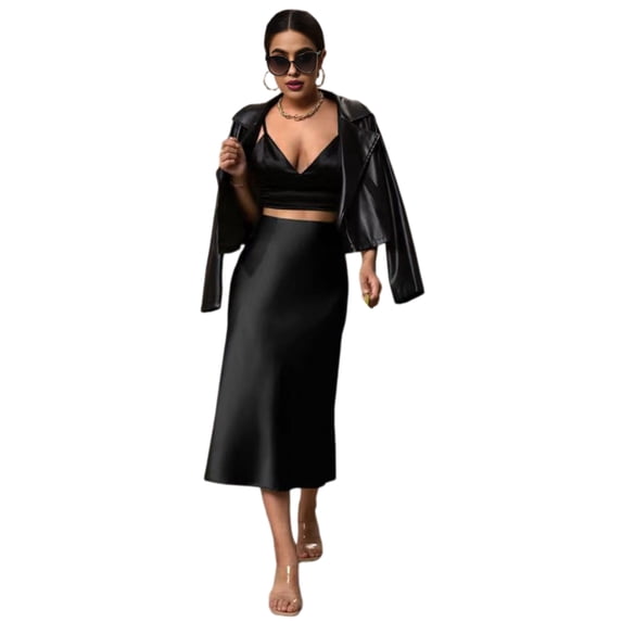 Quixlent Women Midi Skirt High Waist Smooth Satin Fishtail Hem Slimming Skirt Travel Party Work Leisure Daily Wear